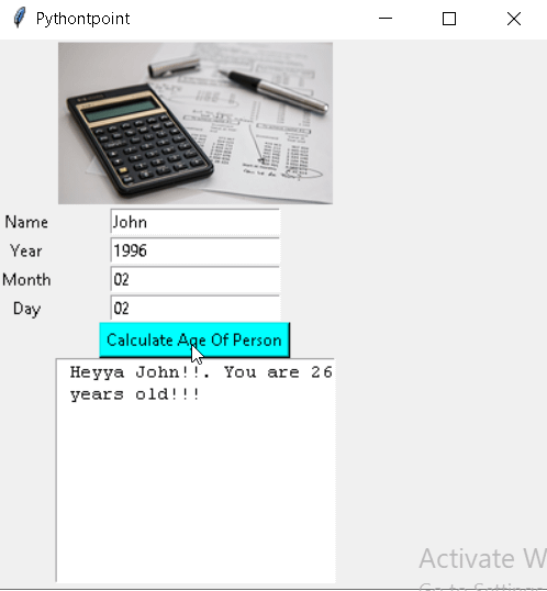 Python Tkinter Age calculator Output